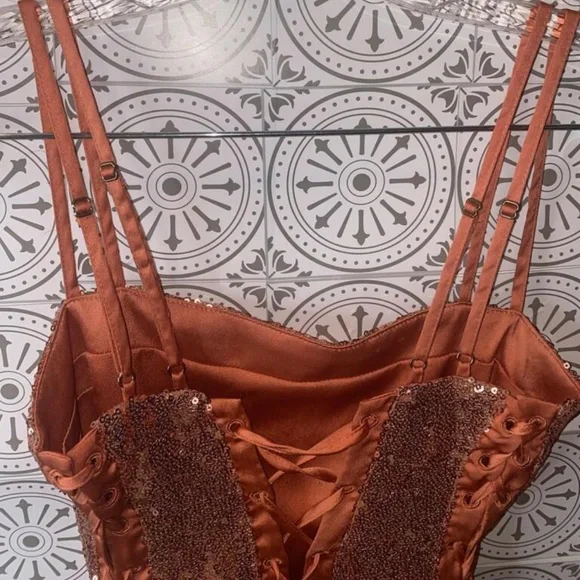 House of CB London Harley Lace Up Sequin Cocktail Mini Dress In Rose Gold - Picture 6 of 12